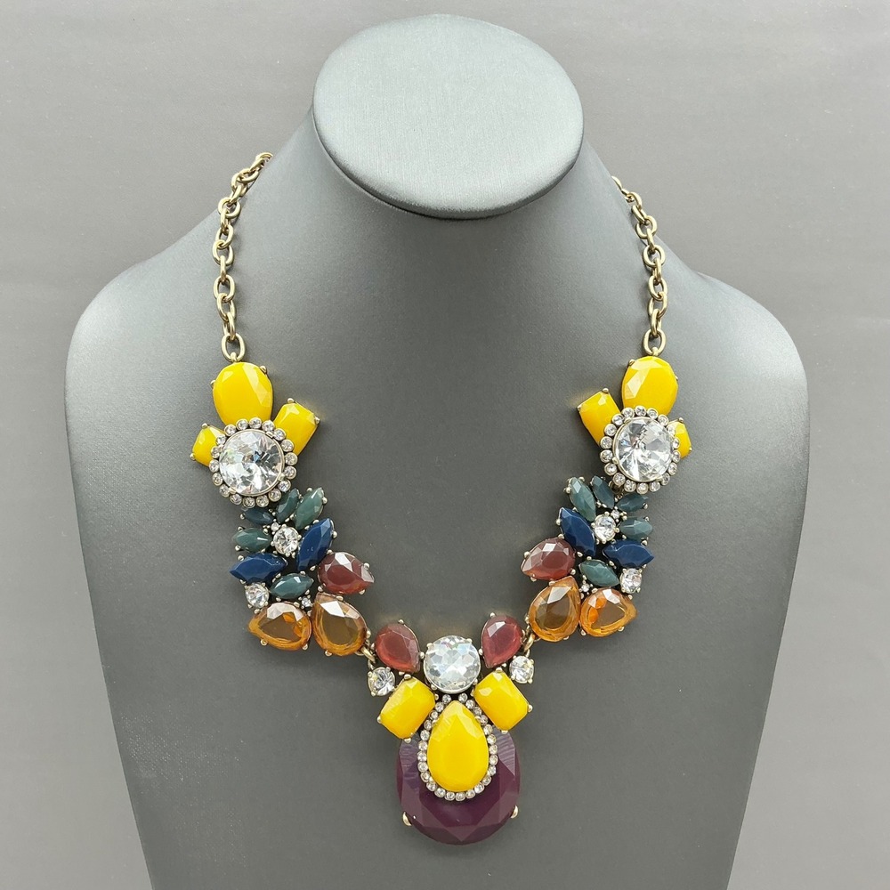 J.Crew Necklace Multicolor Crystal Rhinestone Floral Statement Bib Gold Tone 18"